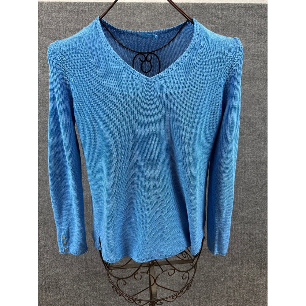 J.McLaughlin Women Blue V-Neck Knit Sweater Gold Button Medium Professional Fall